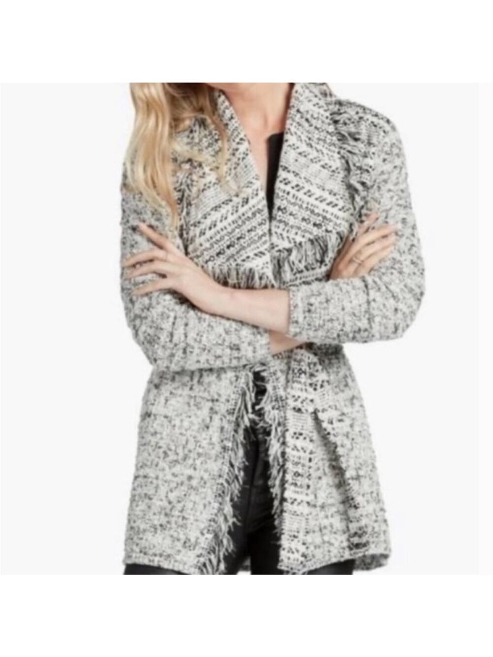 Lucky Brand Boho Metallic Fringe Tweed Textured Sweater Cardigan, Medium